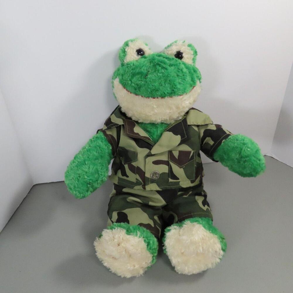 The Build-A-Bear Spring Green Frog Plush in Camouflage Military Outfit is a 16-i